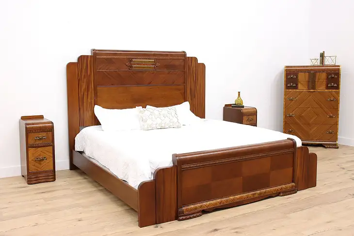 Art Deco Waterfall Design Vintage 4 Pc. Bedroom Set, King Size Bed #36403