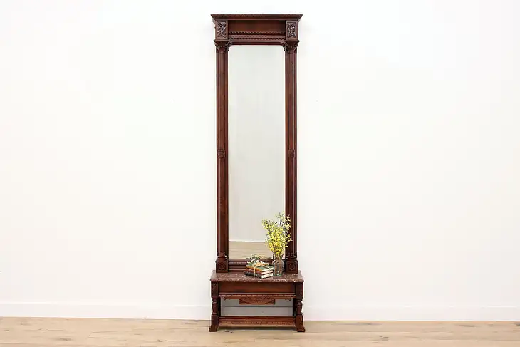 Victorian Eastlake Antique Carved Walnut Pier Hall Mirror, Marble Shelf #42564