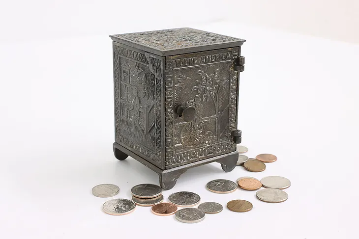 Victorian Cast Iron Antique Safe Coin Bank, No Lock, Young American #42123