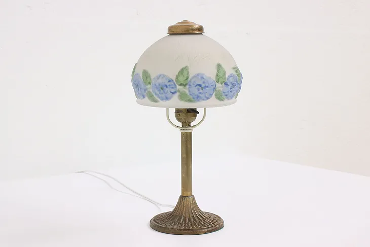 Boudoir or Desk Antique Lamp Hand Painted Etched Glass Shade #42474