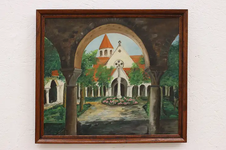 Sunny Church Courtyard Vintage Danish Original Oil Painting Signed 23.5"  #42549