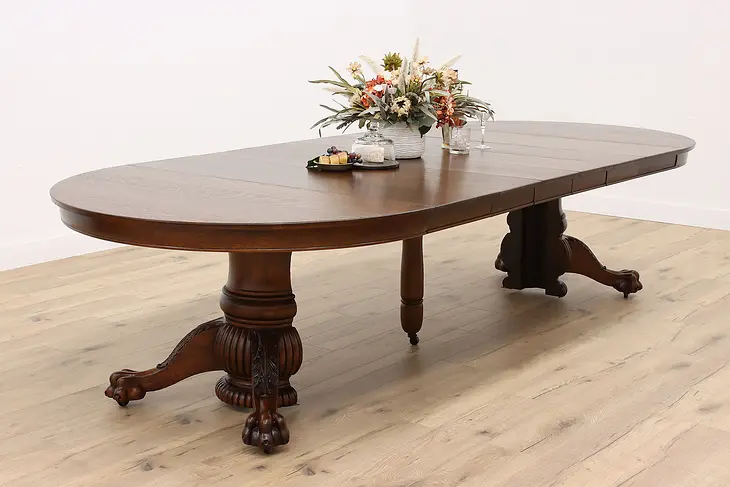 Victorian Antique Round 54" Oak Dining Table, 6 Leaves, Extends 10.5' #41490