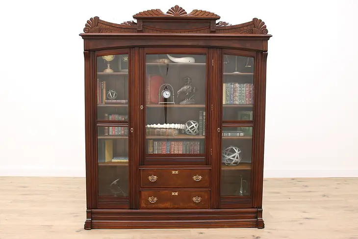 Victorian Eastlake Antique Carved Walnut Triple Office Library Bookcase #42677