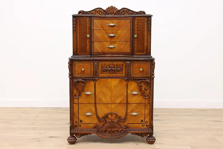 French Design Antique Carved Walnut & Satinwood Tall Chest or Dresser #42799
