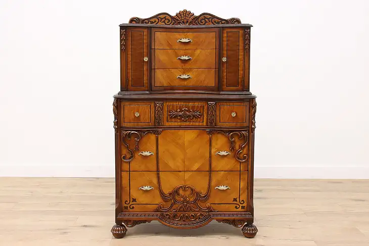 French Design Antique Carved Walnut & Satinwood Tall Chest or Dresser #42799