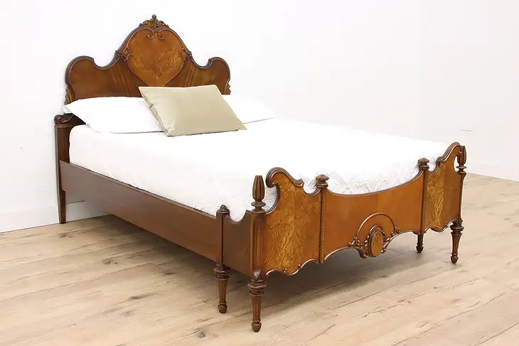 Tudor Style Antique Carved Walnut & Satinwood Full Size Bed #42705