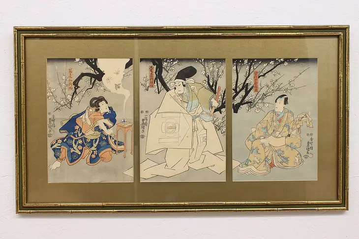 Japanese Kabuki Antique Woodblock Triptych Scene Prints 38" #42627
