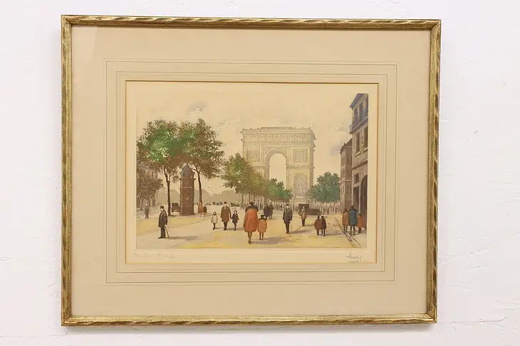 Paris Arc de Triomphe Antique Original Colored French Etching Leray 20.5" #42762