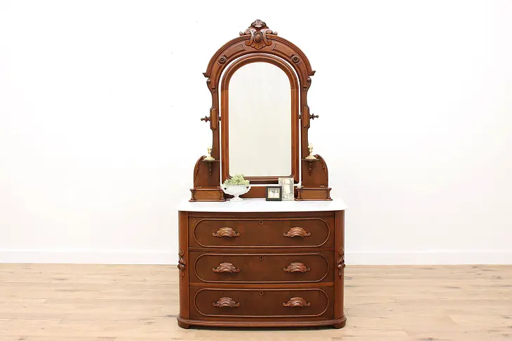 Victorian Antique Carved Walnut & Burl Dresser & Mirror, Marble Top  #42679