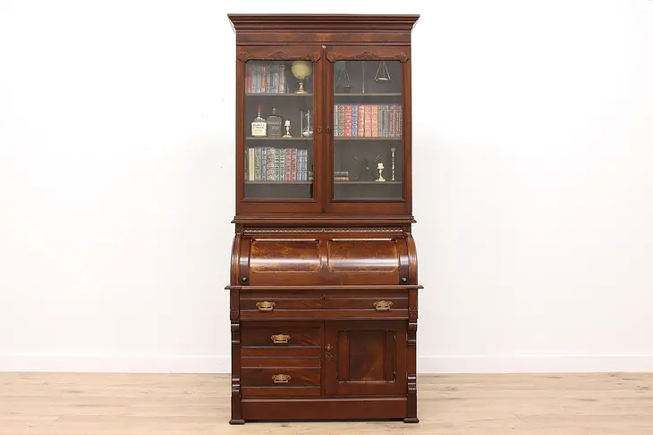 Victorian Eastlake Antique Walnut Cylinder Roll Secretary Desk & Bookcase #42501