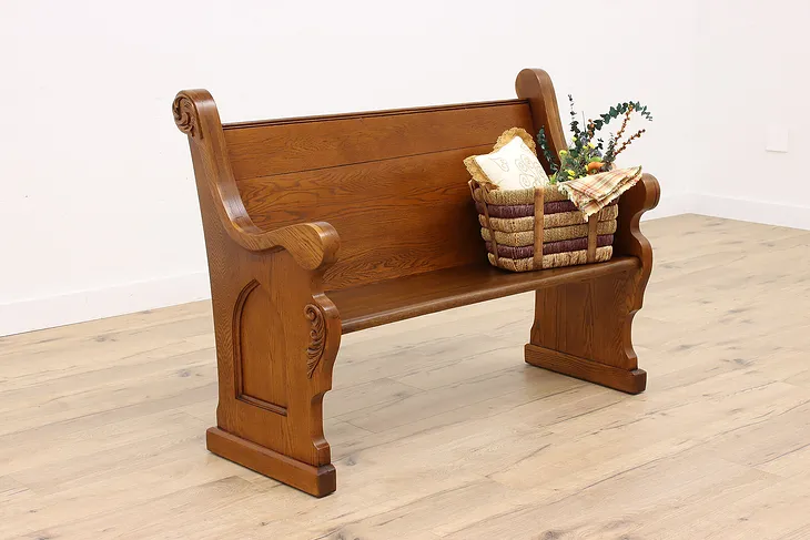 Victorian Carved Oak Antique Church Pew or Hall Bench #42810