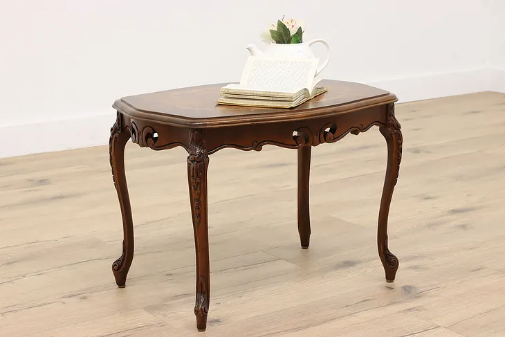 French Design Vintage Carved Walnut & Marquetry Coffee Table #42889