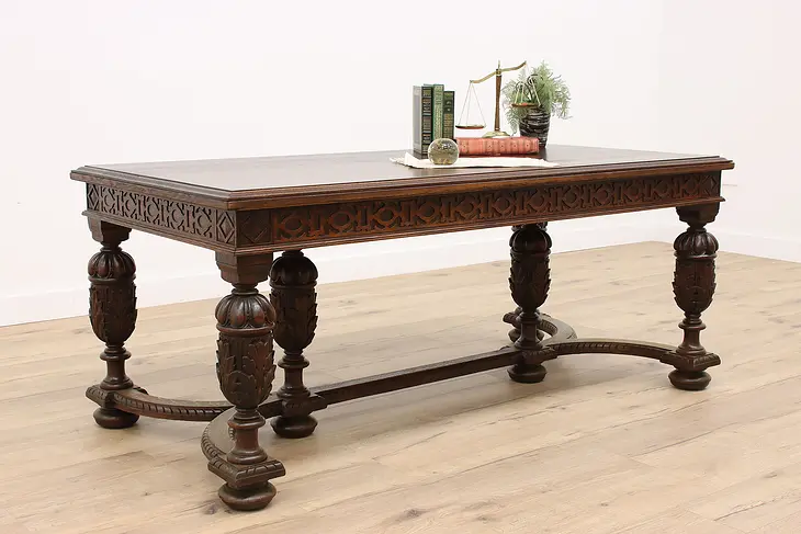 Tudor Design Antique Carved Oak Office Desk, Dining or Library Table #42671