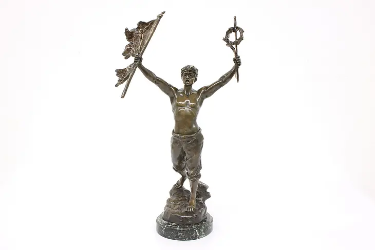 Bronze Victory Antique Sculpture, Marble Base, Grisard #42616