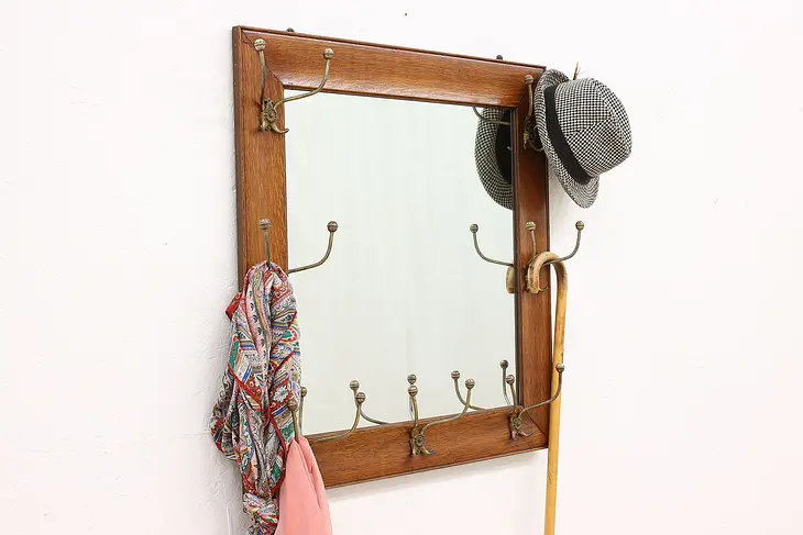Oak Victorian Antique Hanging Hall Coat or Hat Rack with Mirror #42666