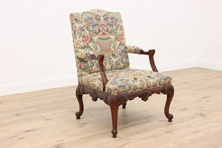 Georgian Design Vintage Carved Mahogany Armchair, Tapestry #42888