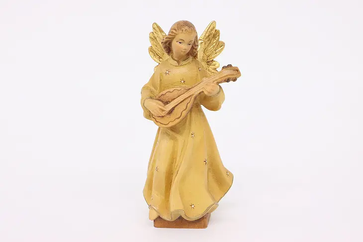 Hand Carved Vintage Swiss Sculpture Angel with Mandolin Statue #42952