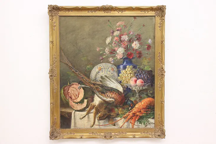 Still Life Flowers & Lobster Antique Original Oil Painting, Rataille 51" #42989