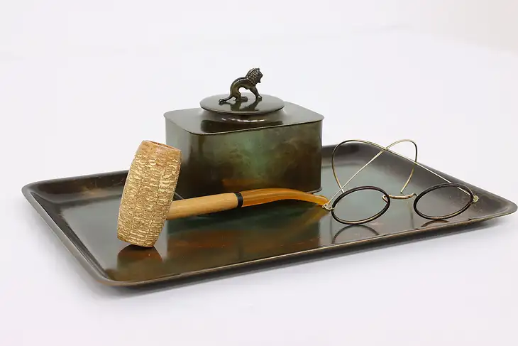 Antique Art Deco Bronze & Copper Desk Top Inkwell & Tray, Lion, Just #41318