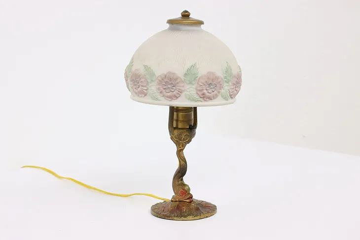 Boudoir or Desk Antique Lamp Reverse Painted Etched Shade, Fish Base  #42657