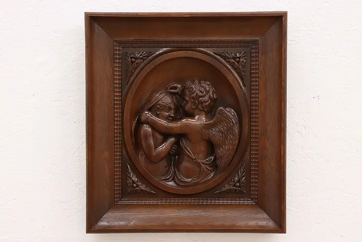 Antique Cupid & Psyche Carved Angel Oak Architectural Salvage Panel #42995