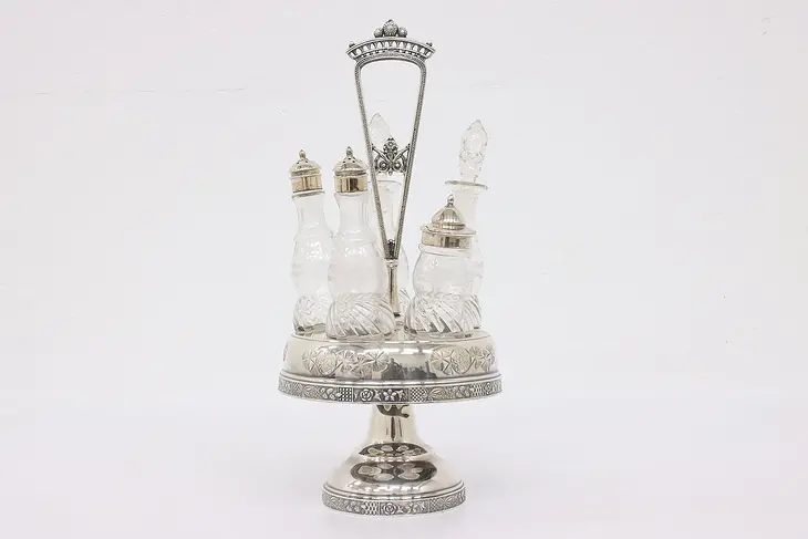 Victorian Antique Silverplate Crystal Cruet Castor Condiment Set Rockford #42244