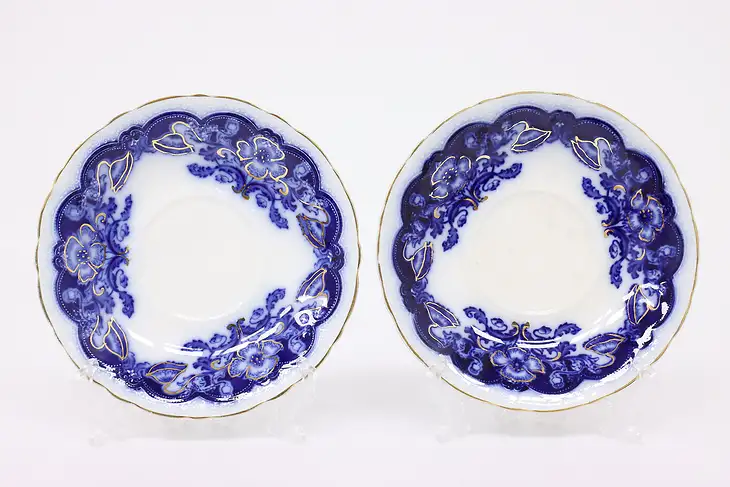 Pair of Victorian Antique Oregon Flow Blue China Saucers, Johnson Bros #42887