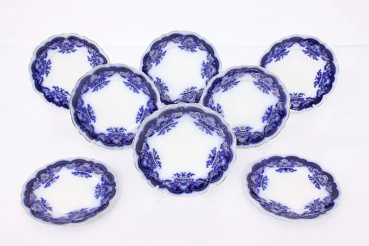 Set of 8 Victorian Antique Oregon Flow Blue China Saucers, Johnson Bros #42974