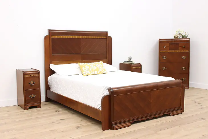 Art Deco Waterfall Design Vintage 4 Pc. Bedroom Set, Queen Size Bed #42870
