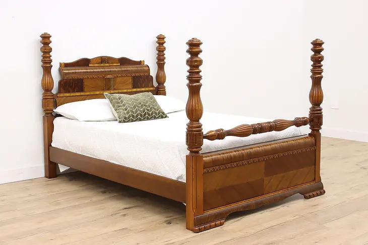 Art Deco Vintage Waterfall Full Size Bed, Carved Columns #42688