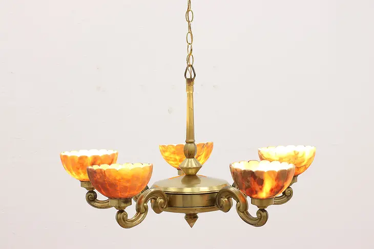 French Art Deco Antique 5 Light Brass Chandelier, Carved Alabaster Shades #42983