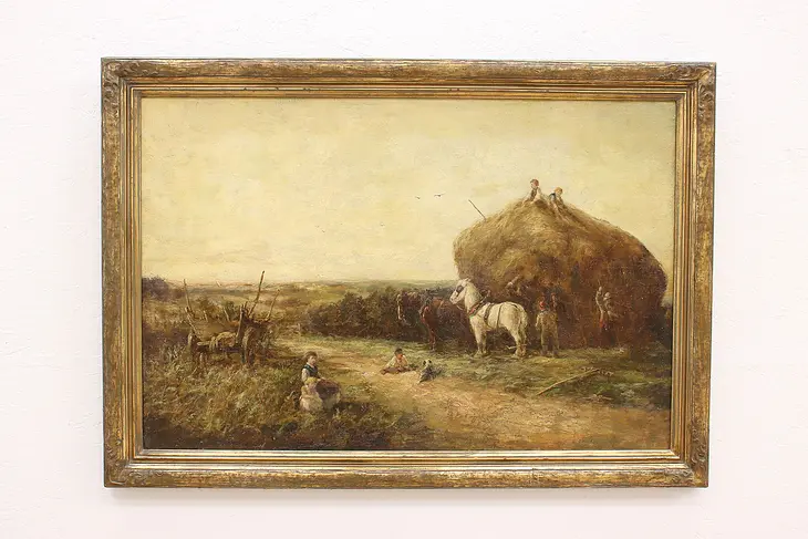 Twilight Harvest Children & Haystack Antique Original Oil Painting 44.5" #42096