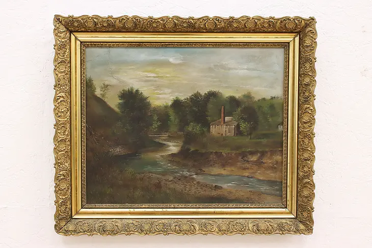 Ohio Sawmill, River Victorian Antique Original Oil Painting Stuckey 27.5" #41114