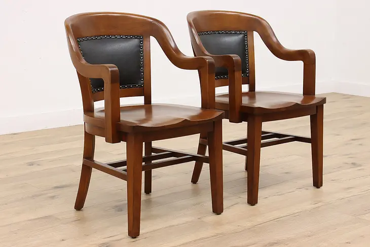 Pair of Antique Leather Back Walnut Banker, Office Desk Chairs, Milwaukee #42844