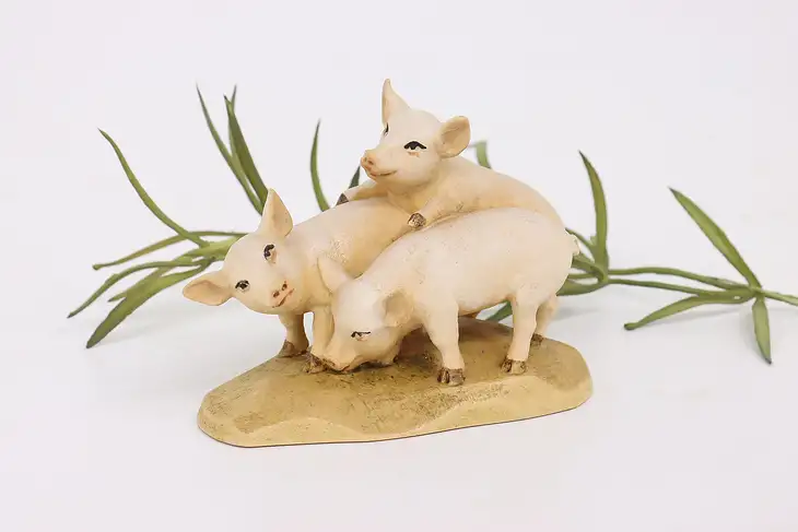 Hand Carved Vintage Painted Three Little Pigs Alpine Sculpture #43044