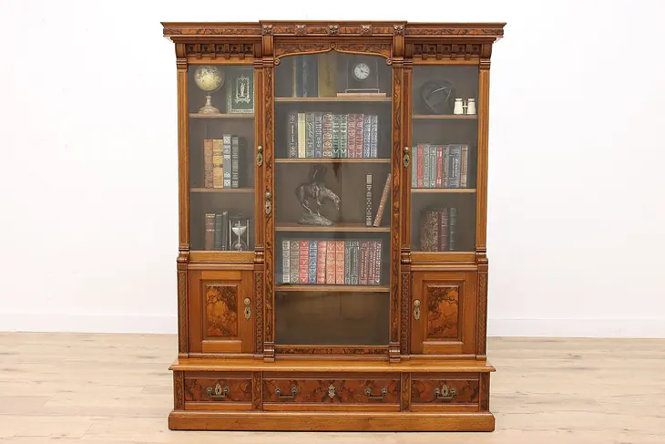 Victorian Eastlake Antique Carved Walnut Office or Library Bookcase #43079