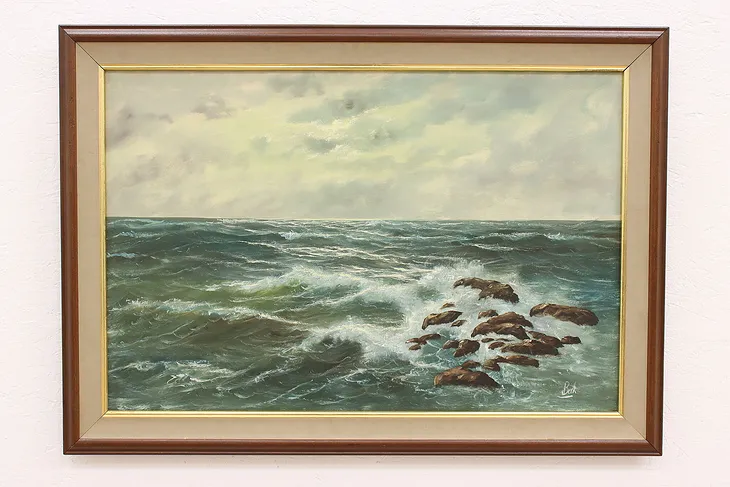 Ocean Waves Crashing Onto Rocks Vintage Original Oil Painting, Berk 41.5" #42137
