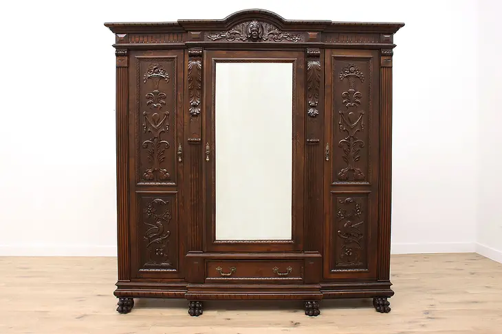 Italian Renaissance Antique Carved Elm Triple Armoire or Wardrobe, Mirror #36130
