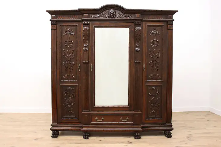 Italian Renaissance Antique Carved Elm Triple Armoire or Wardrobe, Mirror #36130