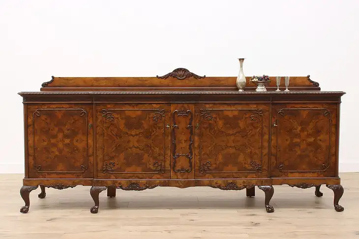 Georgian Design Vintage Walnut Burl Sideboard, Server, Hall or TV Console #43049