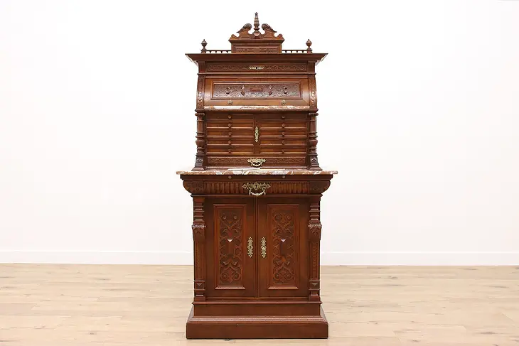Renaissance Antique Carved Walnut Dental, Jewelry or Collector Cabinet #43018
