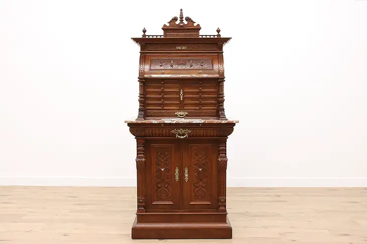 Renaissance Antique Carved Walnut Dental, Jewelry or Collector Cabinet #43018