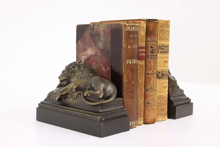 Bronze Vintage Lion of Lucerne Monument Sculpture Bookends #43091