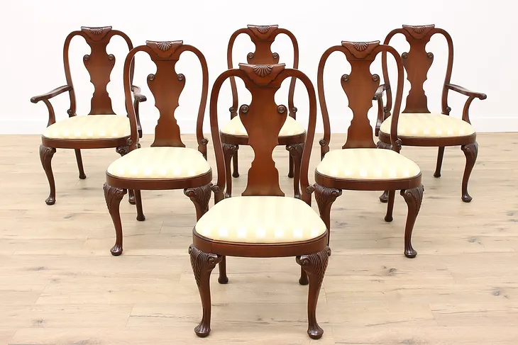 Set of 6 Vintage Mahogany Traditional Dining Chairs New Upholstery, Baker #43085