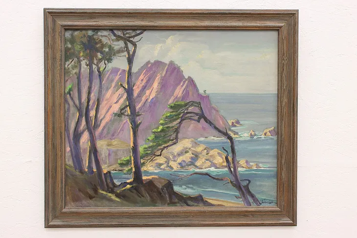 California Monterey Coast Vintage Original Oil Painting, Schmidt 35.5"  #42902