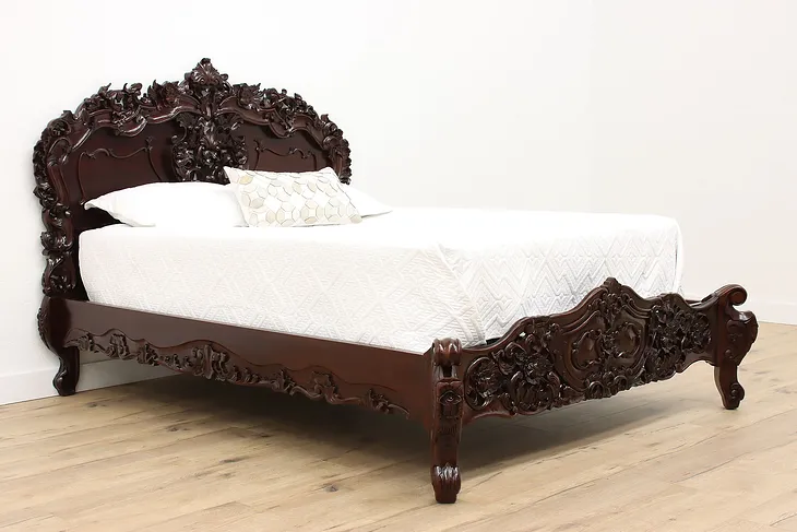 Asian Vintage Carved Mahogany Queen Size Bed, Floral Motifs #41958