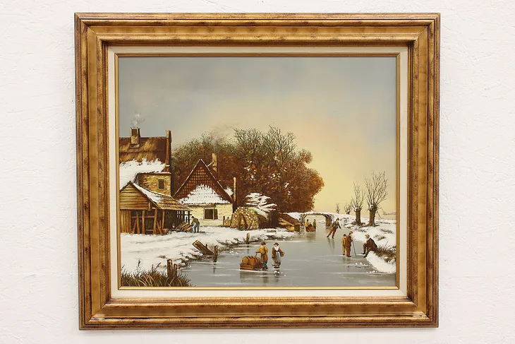 Ice Skaters on Frozen River Vintage Original Oil Painting, Smith 31.5" #42756
