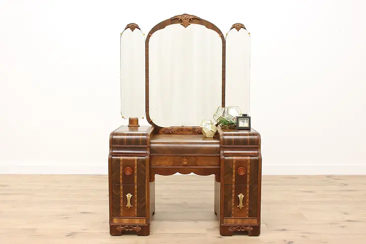 Art Deco Vintage Waterfall Vanity Dressing Table, Triple Mirror, Bakelite #43014