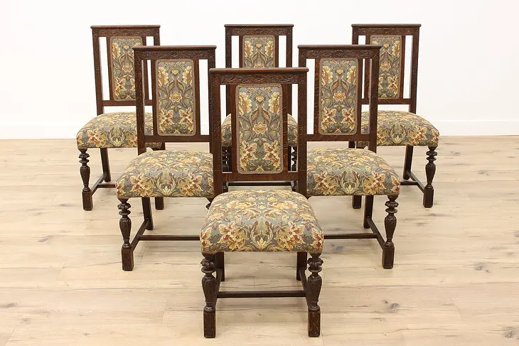 Set of 6 Tudor Antique Quarter Sawn Oak Dining Chairs, New Upholstery #42194