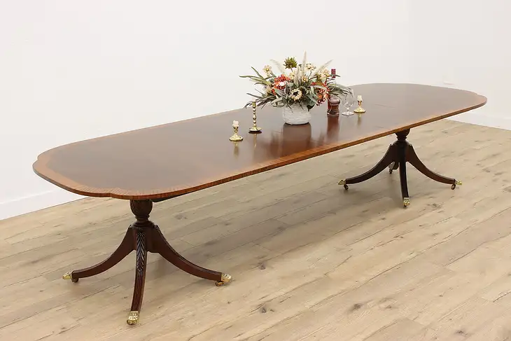 Georgian Design Vintage Banded Mahogany Dining Table, 3 Leaves, Council #39655